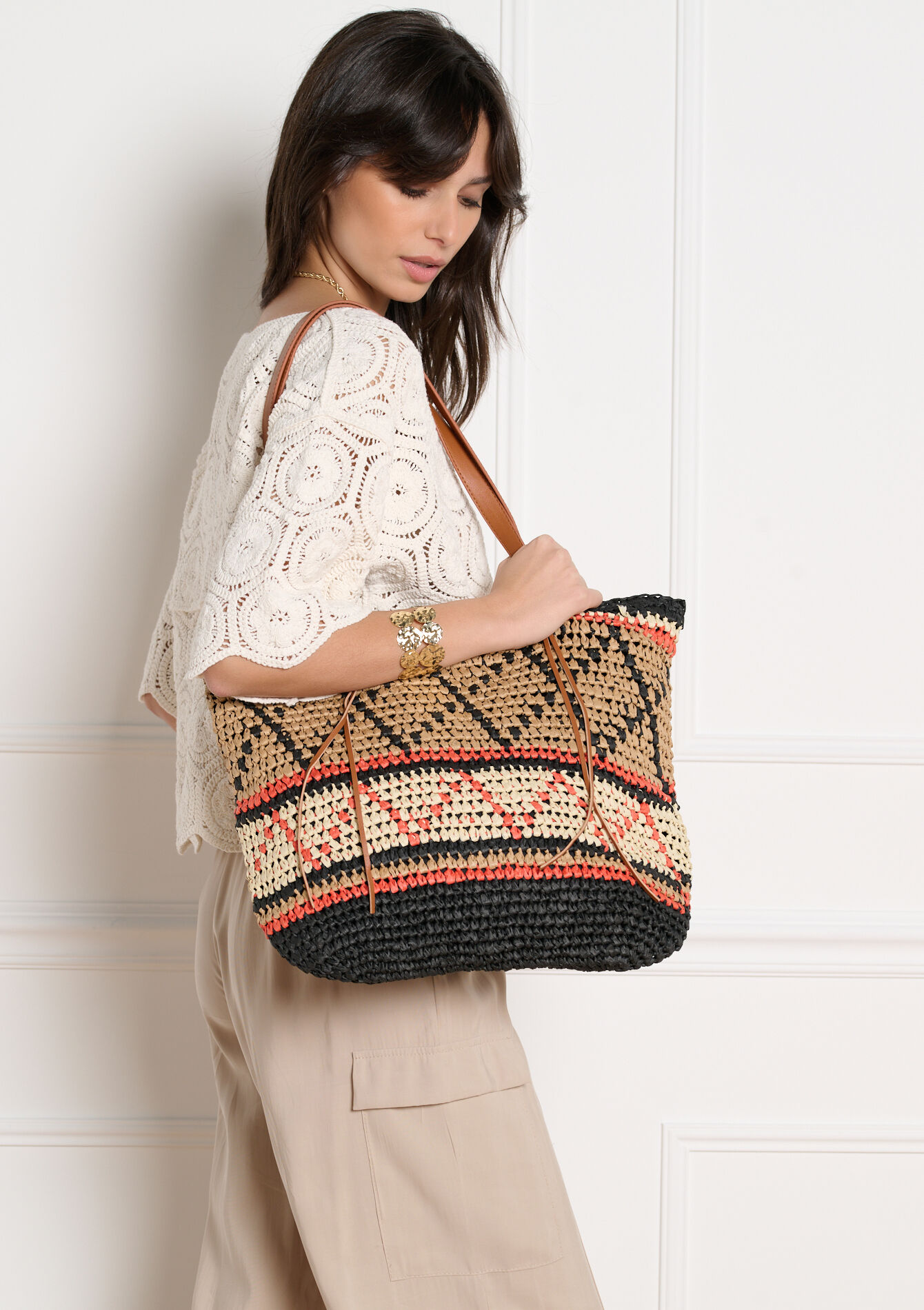 Braided raffia tote bag - LT BEIGE - 14002005_2527