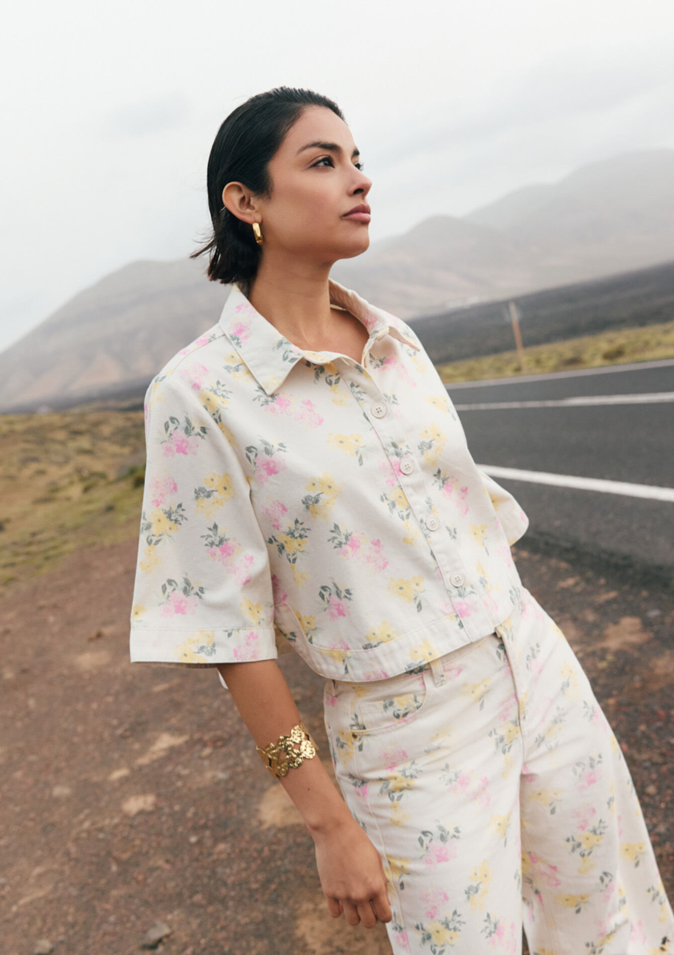 Printed cropped shirt, , back