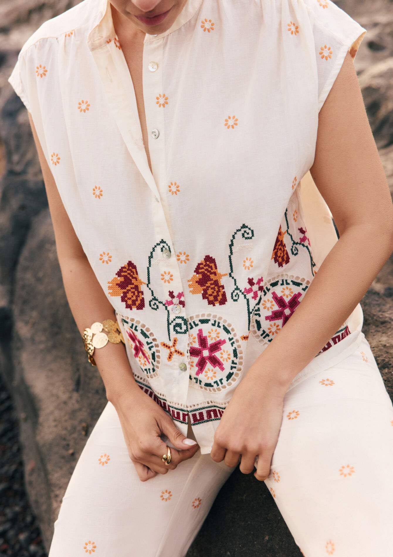 Blouse brodée manches courtes - VANILLA WHITE - 05703110_1013