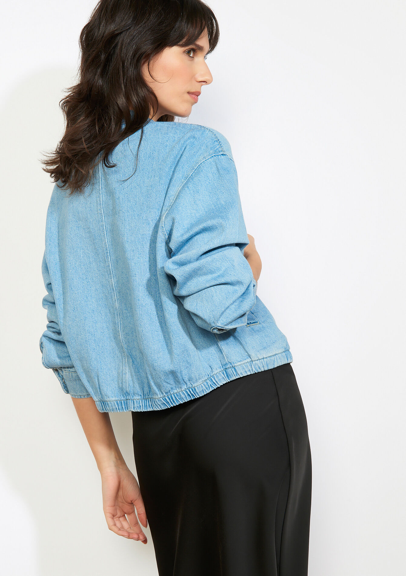 Blouson zippé en denim - BLUE BLEACHED - 09101100_0502