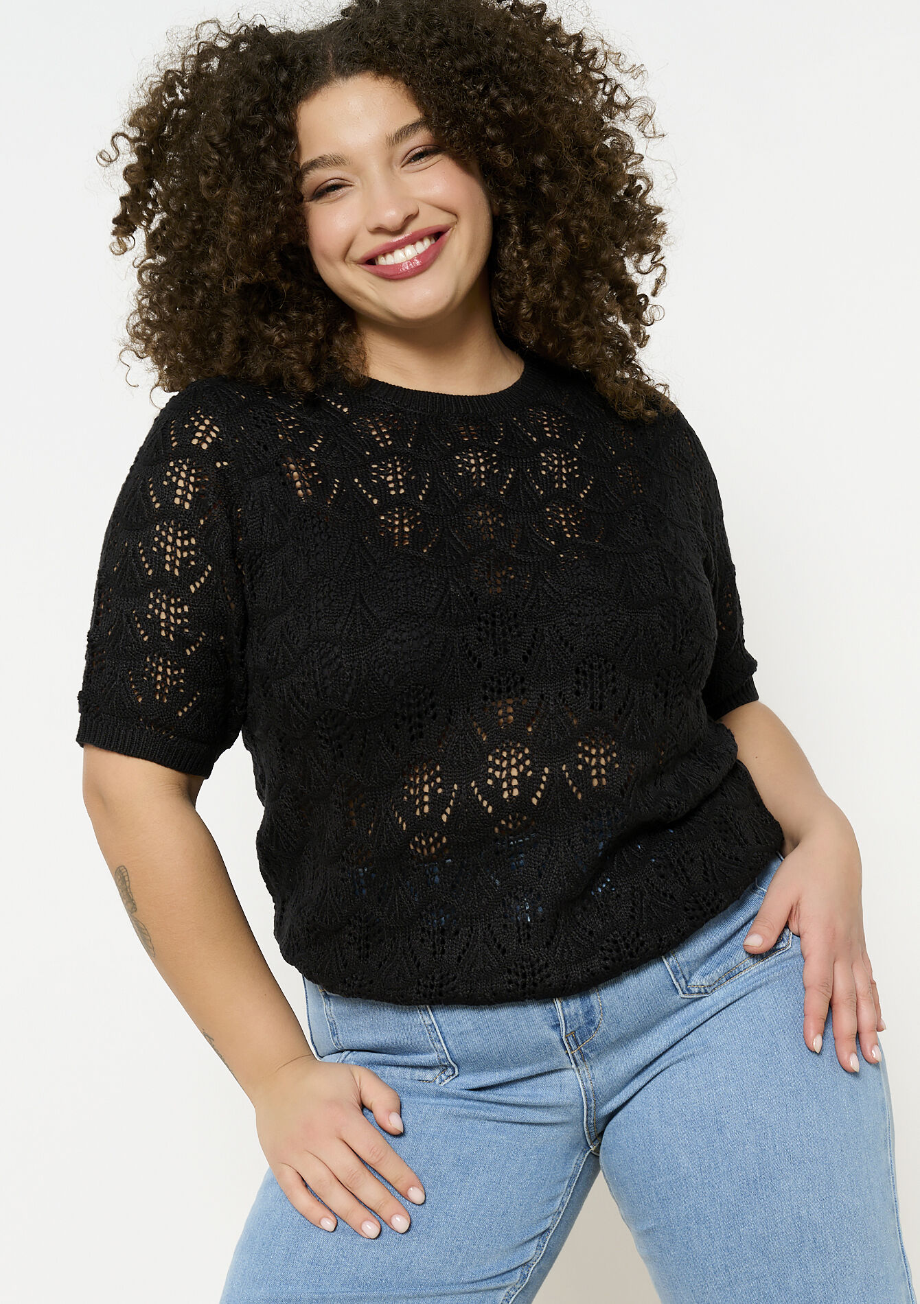 Crochet trui met korte mouwen - BLACK - 04006629_1119