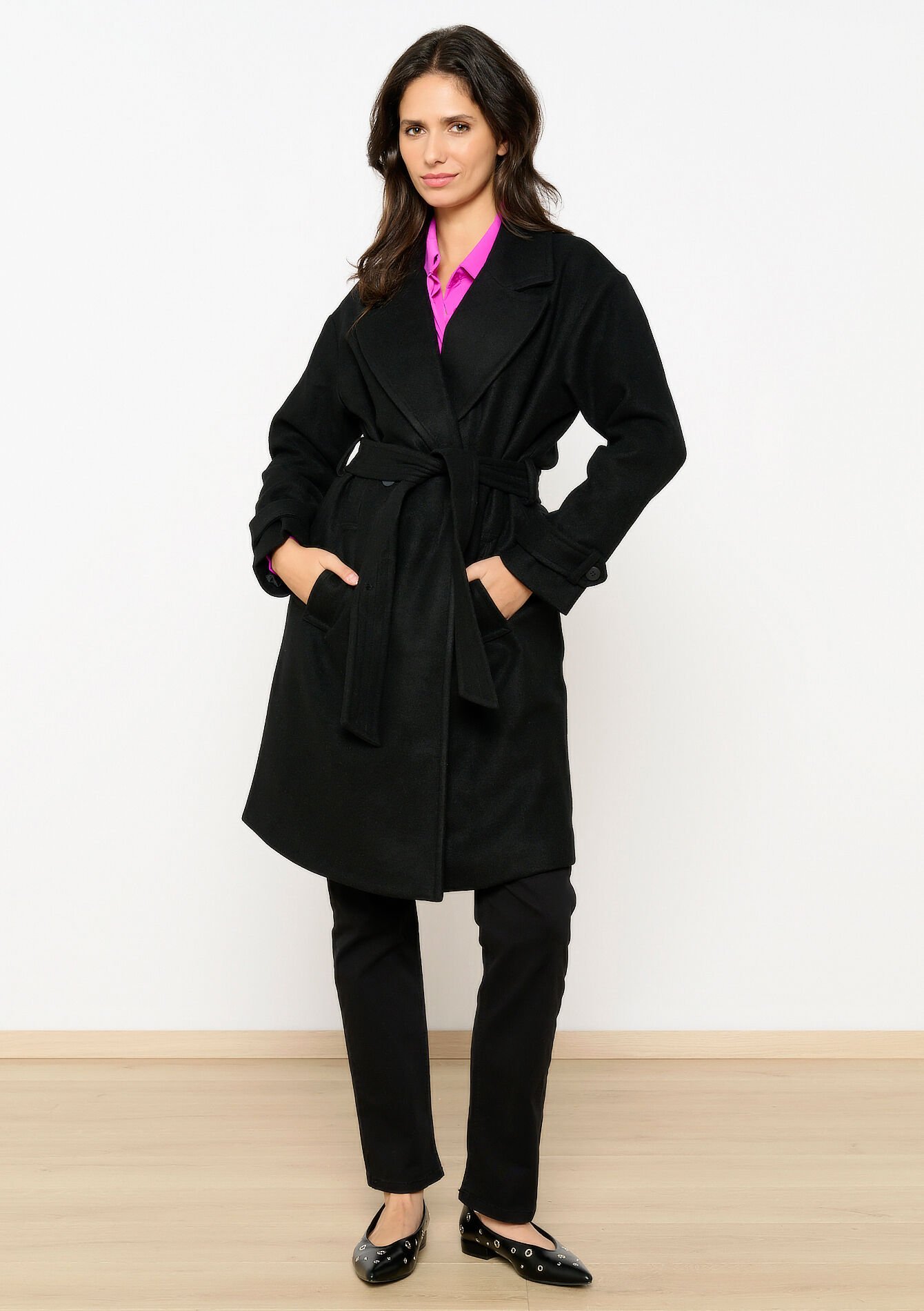 Manteau mi-long avec ceinture - BLACK - 1099268