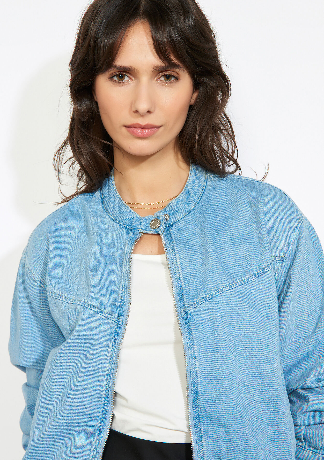 Blouson zippé en denim - BLUE BLEACHED - 09101100_0502
