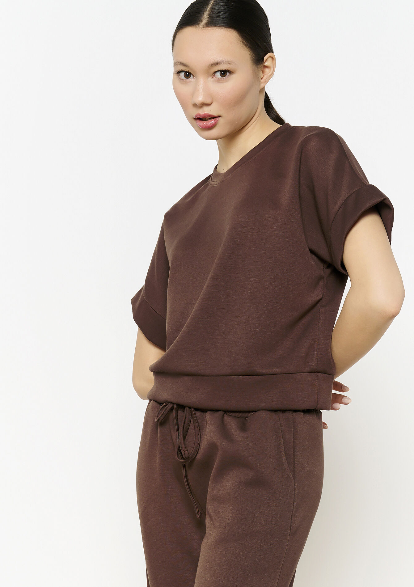 T-shirt in sweatstof - CHOCOLATE - 15100315_3715
