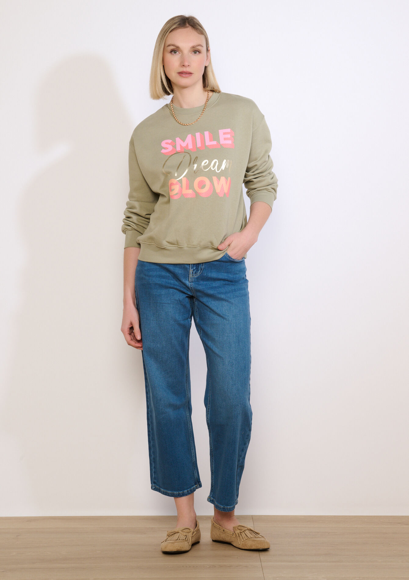 Sweater met tekstprint - KHAKI FADED - 03001820_4326