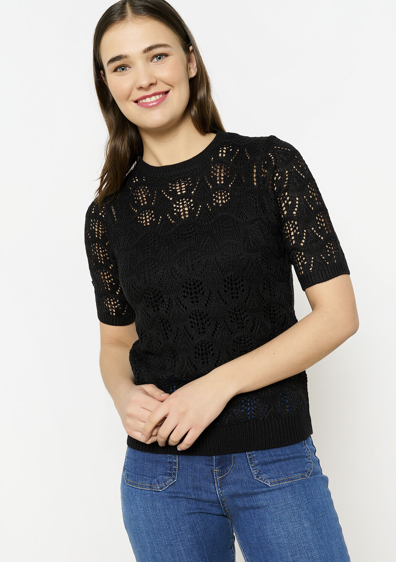 Crochet trui met korte mouwen - BLACK - 04006629_1119
