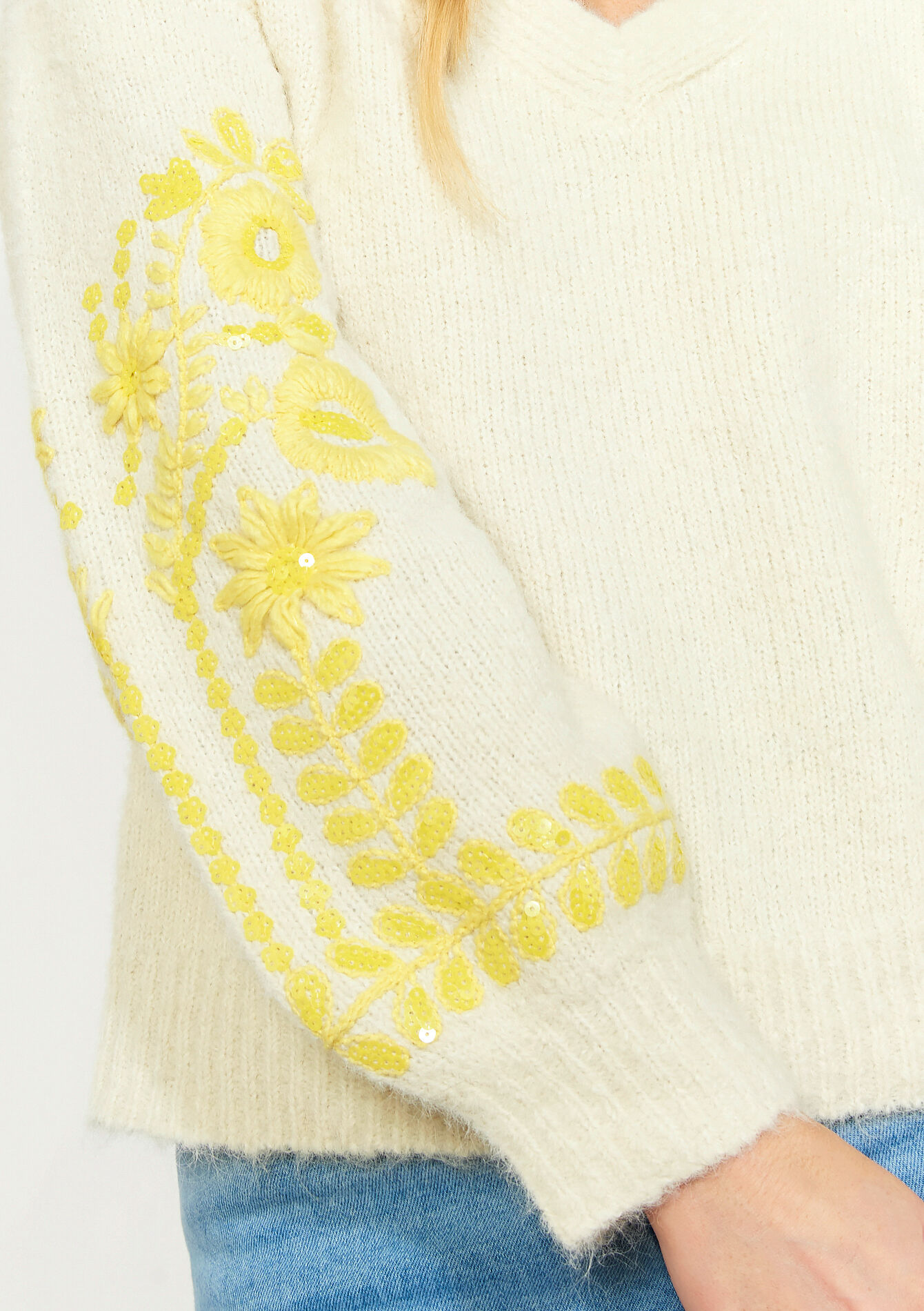 Pull brodé à manches ballon - VANILLA WHITE - 04007202_1013