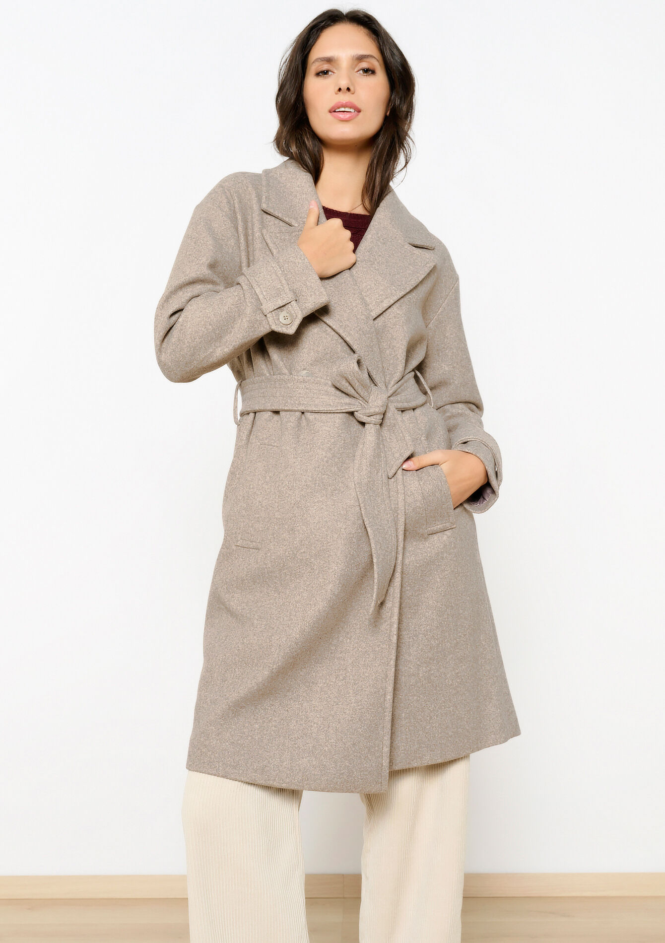 Halflange jas met riem - TAUPE - 23000678_1021