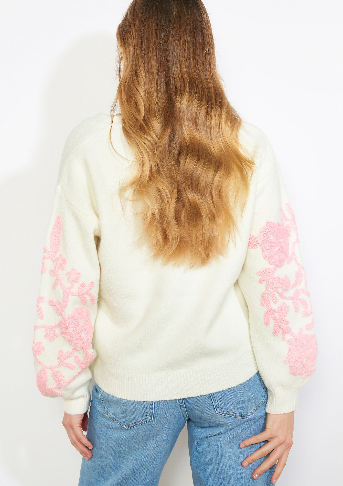 Pull brodé à manches ballon - VANILLA WHITE - 04007170_1013