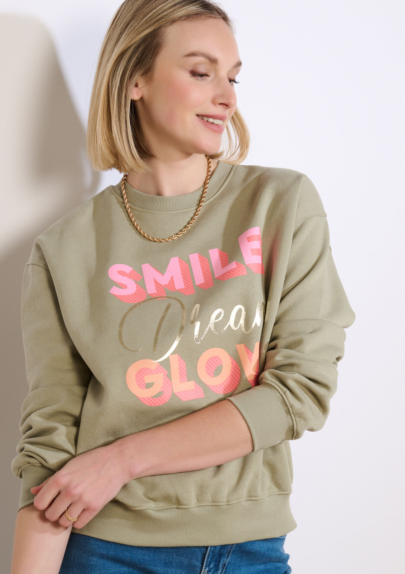 Sweater met tekstprint - KHAKI FADED - 03001820_4326