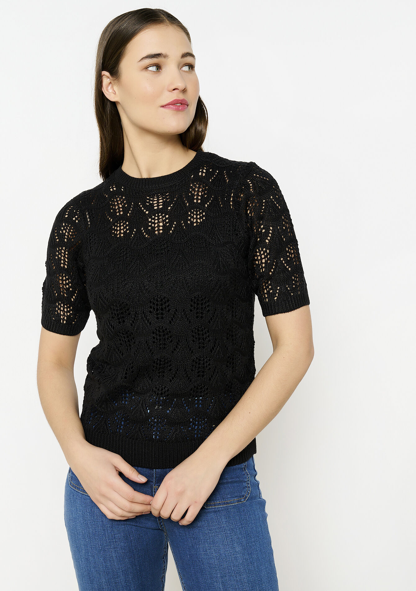 Crochet trui met korte mouwen - BLACK - 04006629_1119