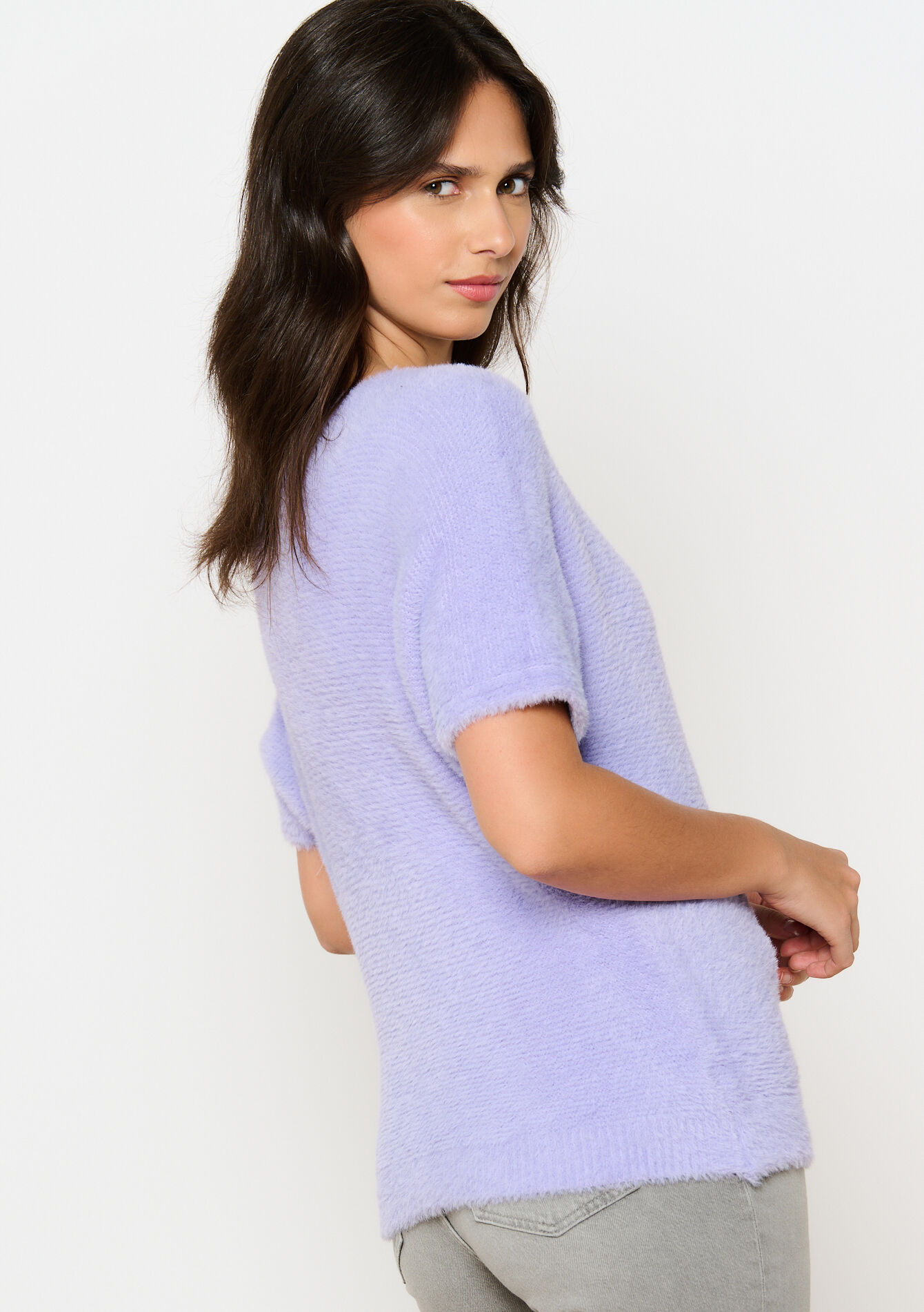 Pull à maille poilue à manches courtes, Pull à maille poilue à manches courtes - LILAC BRIGHT - 04006673_2578