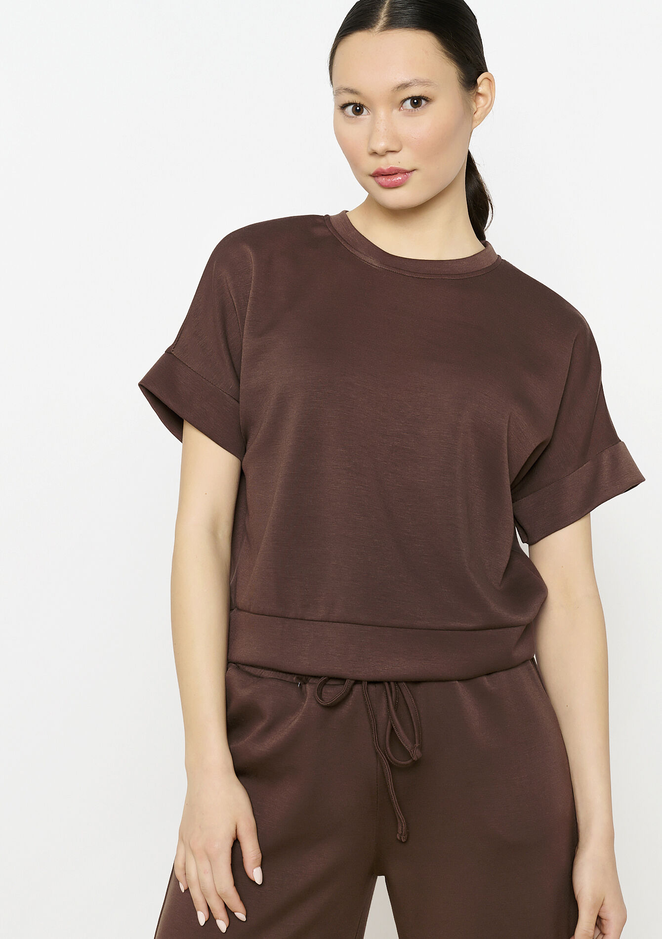 T-shirt in sweatstof - CHOCOLATE - 15100315_3715