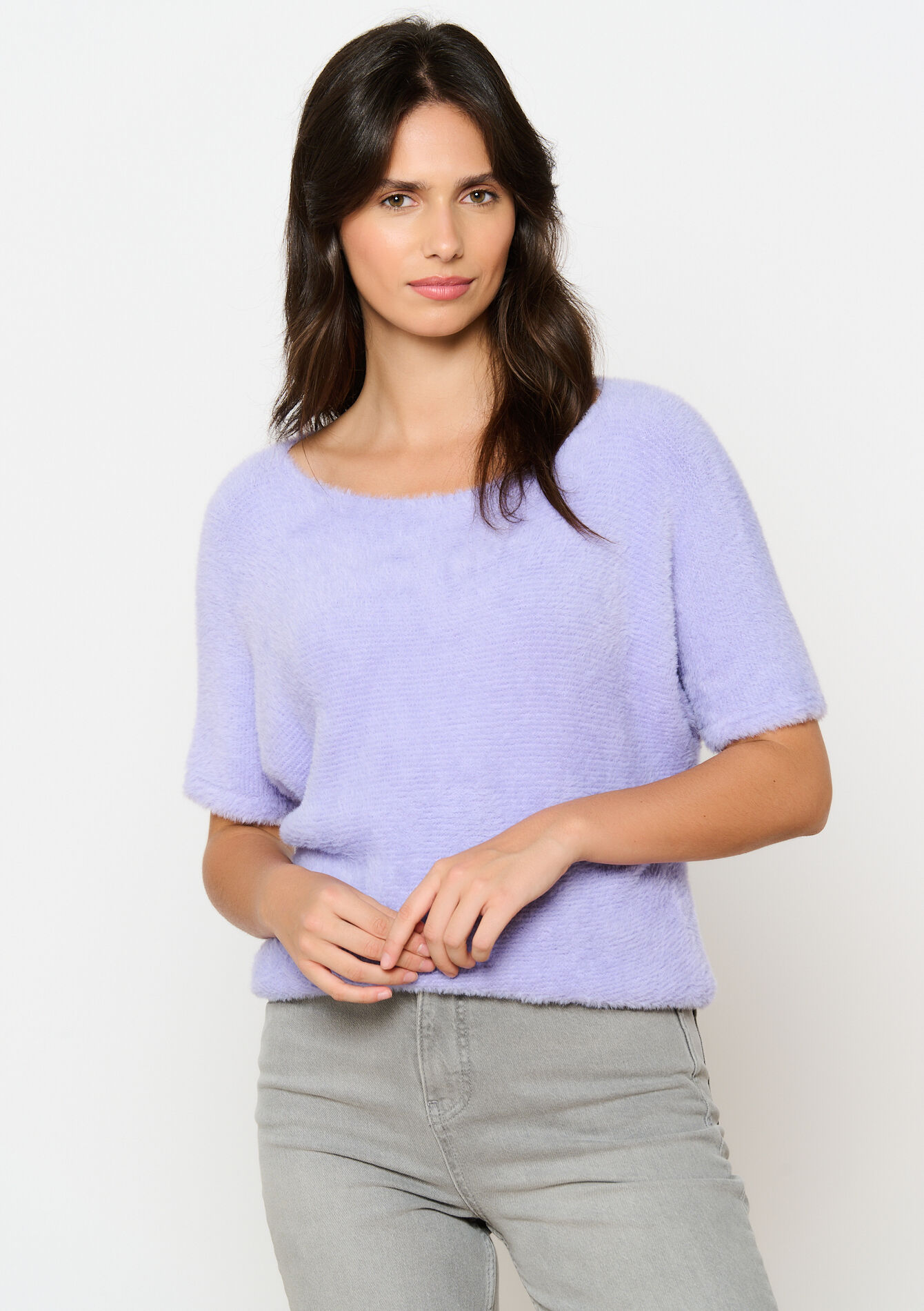 Pull à maille poilue à manches courtes, Pull à maille poilue à manches courtes - LILAC BRIGHT - 04006673_2578