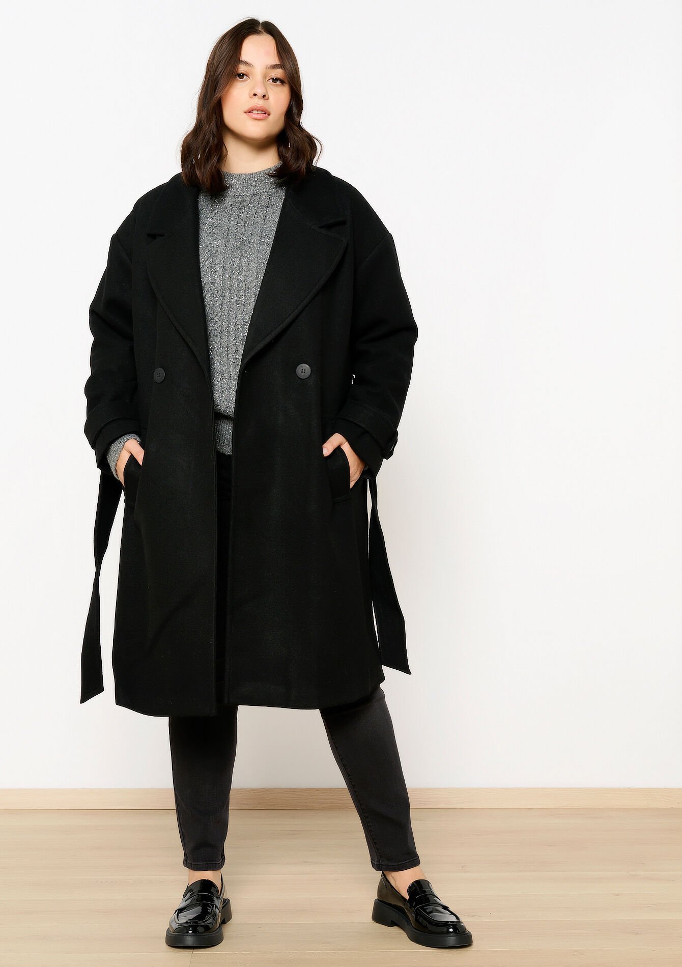 Manteau mi-long avec ceinture - BLACK - 1099268