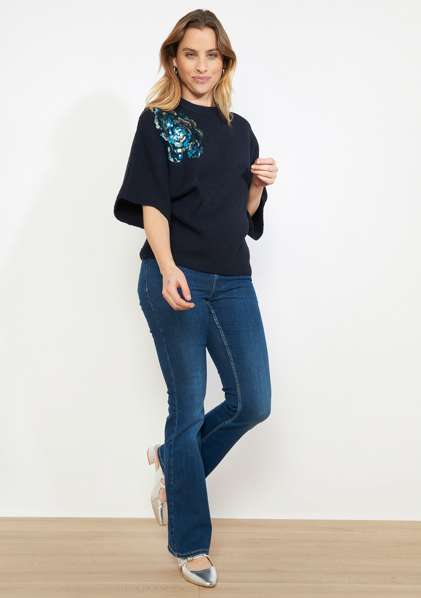 Pull à sequins fleuris, Pull à sequins fleuris - NAVY BASIC - 04007193_2723