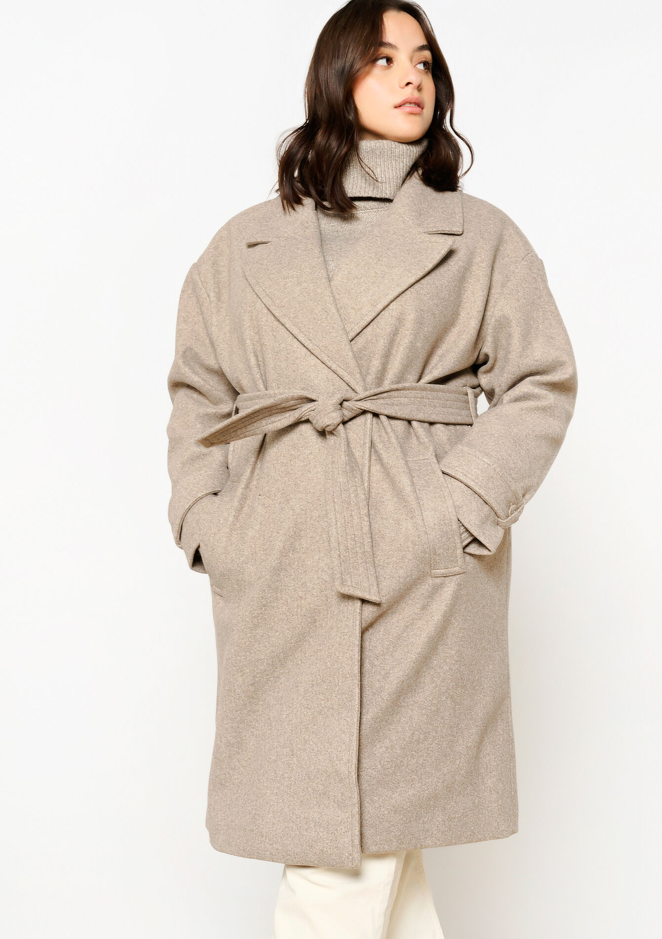 Halflange jas met riem - TAUPE - 23000678_1021