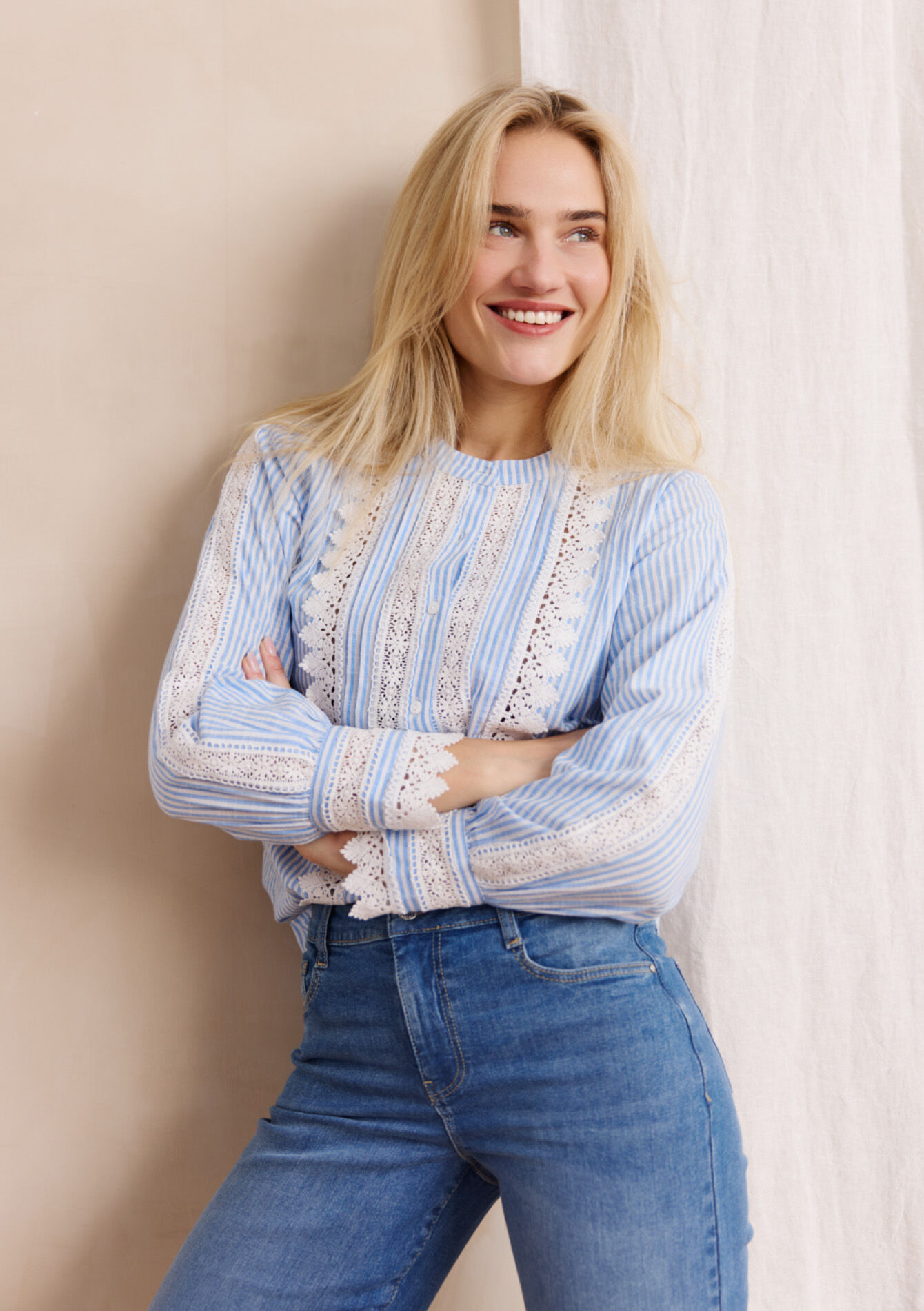 Lace-detailed striped blouse, Lace-detailed striped blouse, , back