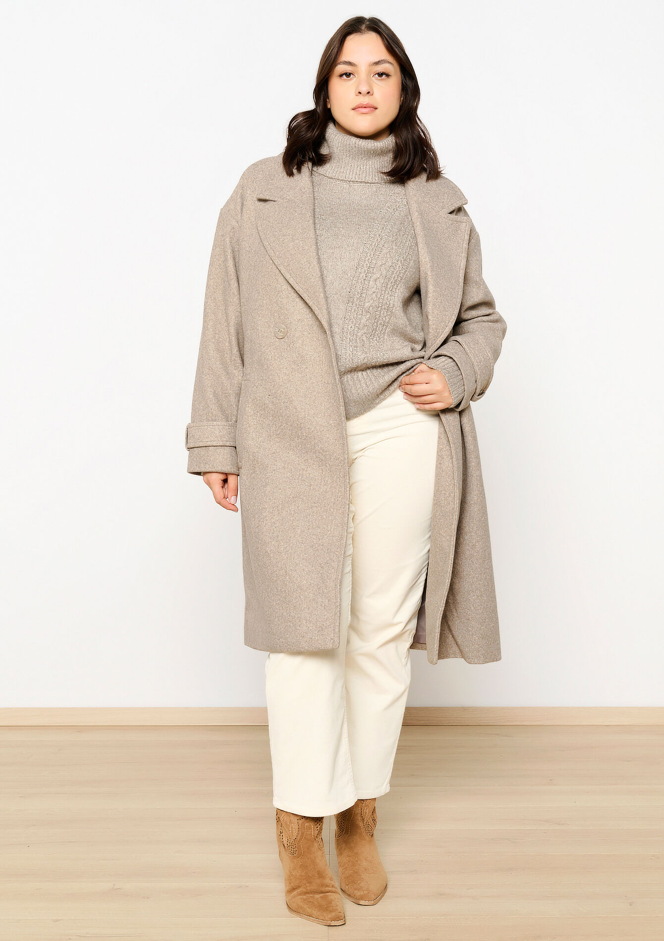 Halflange jas met riem - TAUPE - 23000678_1021