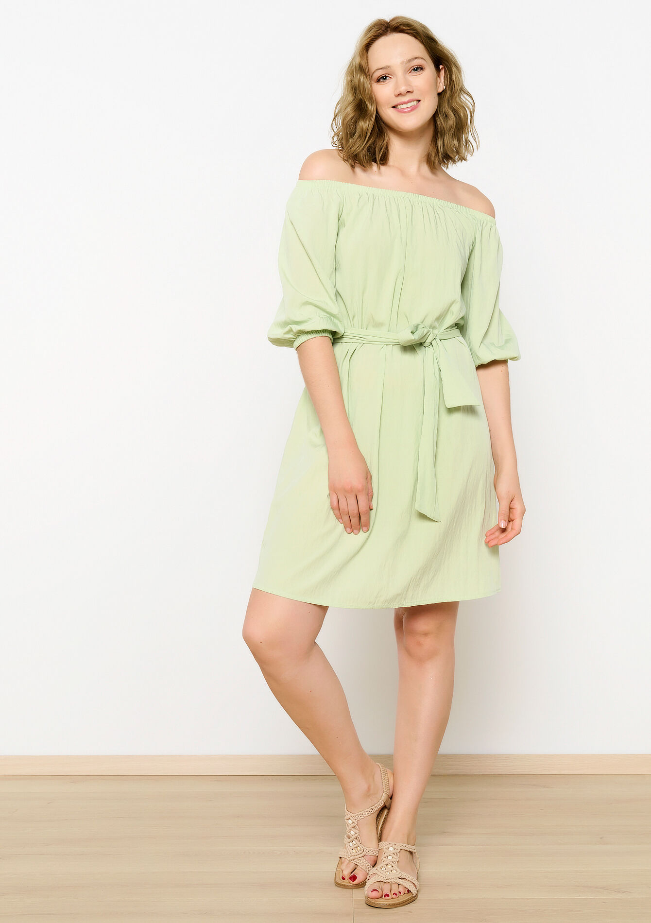 Off-shoulder jurk met striklint - LIME - 08103694_4711