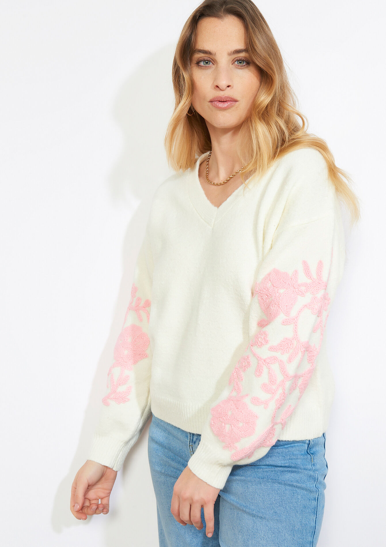 Pull brodé à manches ballon - VANILLA WHITE - 04007170_1013