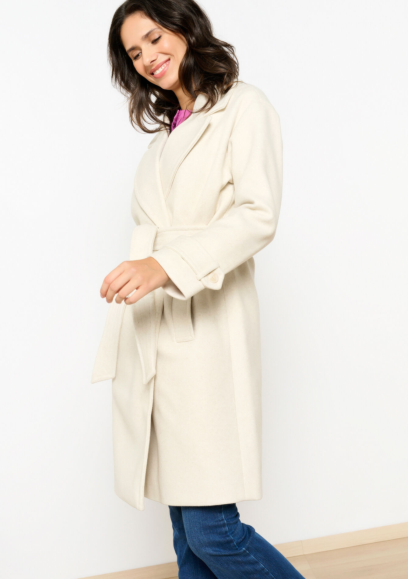 Halflange jas met riem - VANILLA WHITE - 23000678_1013